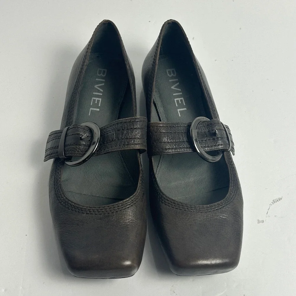 Biviel Dark Brown Leather Square Toe Mary Jane Buckle Flats Womens 39 EU